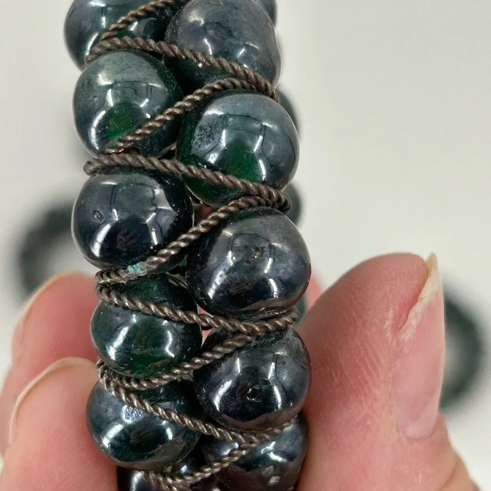 Vintage Beaded Napkin Rings Set of 5 Green Glass Silver Wire Boho Made in India